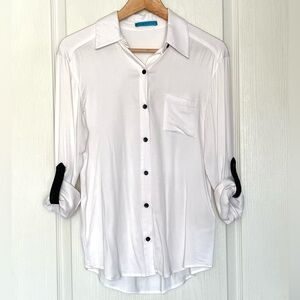 Alice+Olivia Willa White Silky Roll Tab Sleeve Top Sz S/M Minimalist Office Wear
